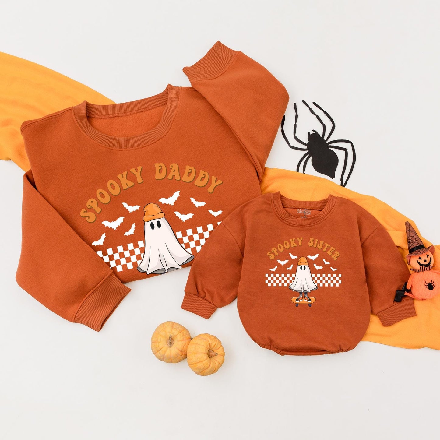 Matching Family Halloween Sweatshirts with Spooky Mama Mini Ghost & Checkered Pumpkin Design Baby's First Halloween Party Comfortable Outfit