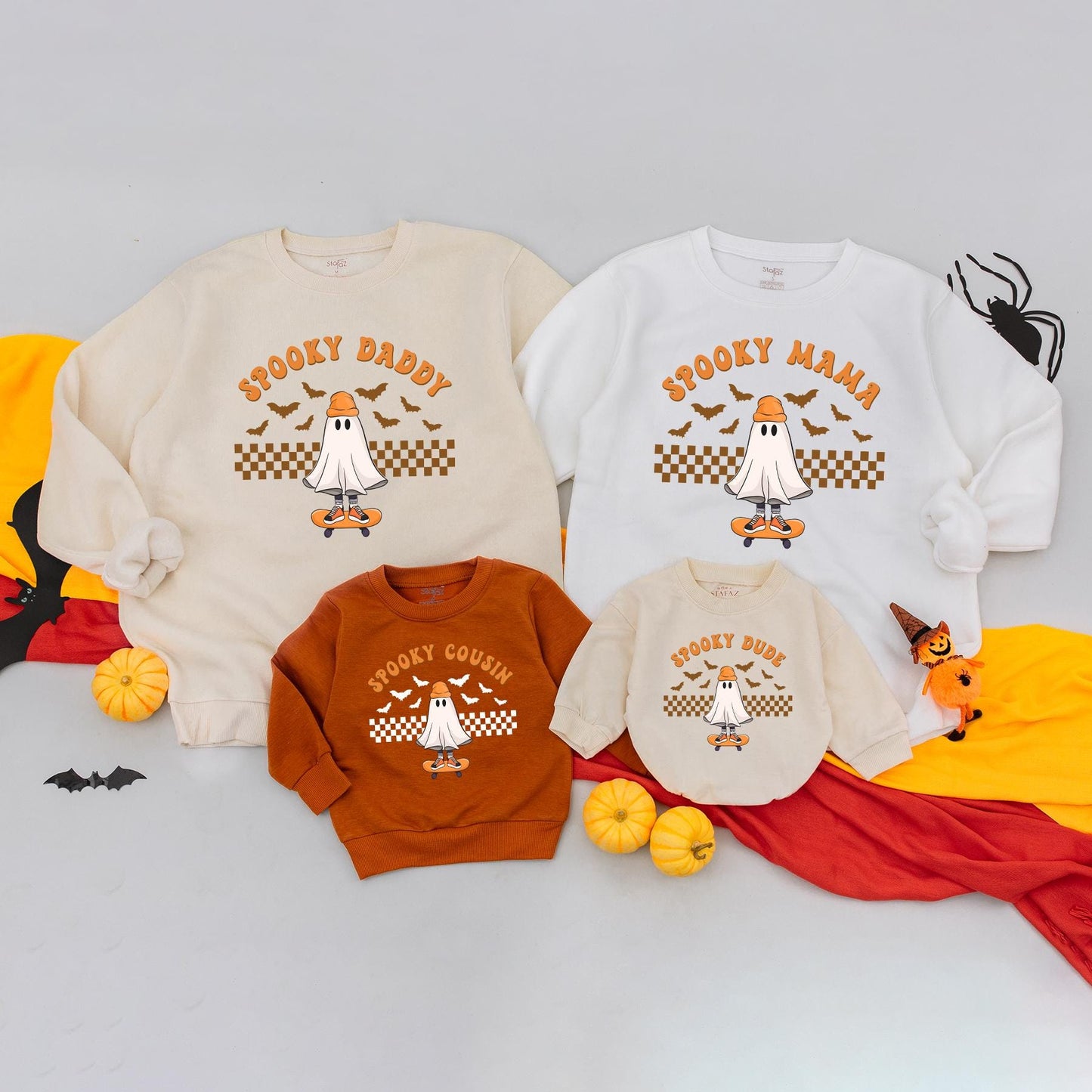 Matching Family Halloween Sweatshirts with Spooky Mama Mini Ghost & Checkered Pumpkin Design Baby's First Halloween Party Comfortable Outfit