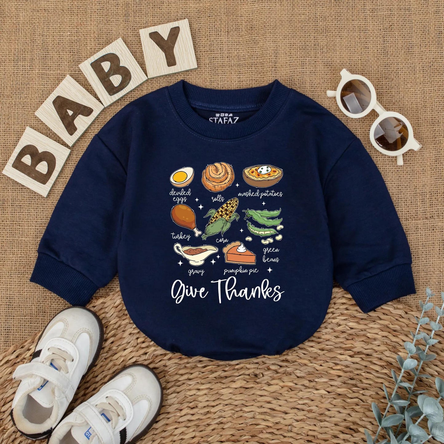 Cute Thanksgiving Baby Romper, Fall Food Bodysuit with Turkey Dinner Illustrations, 'Give Thanks' Newborn Outfit, First Thanksgiving Gift, Fall Baby Shower