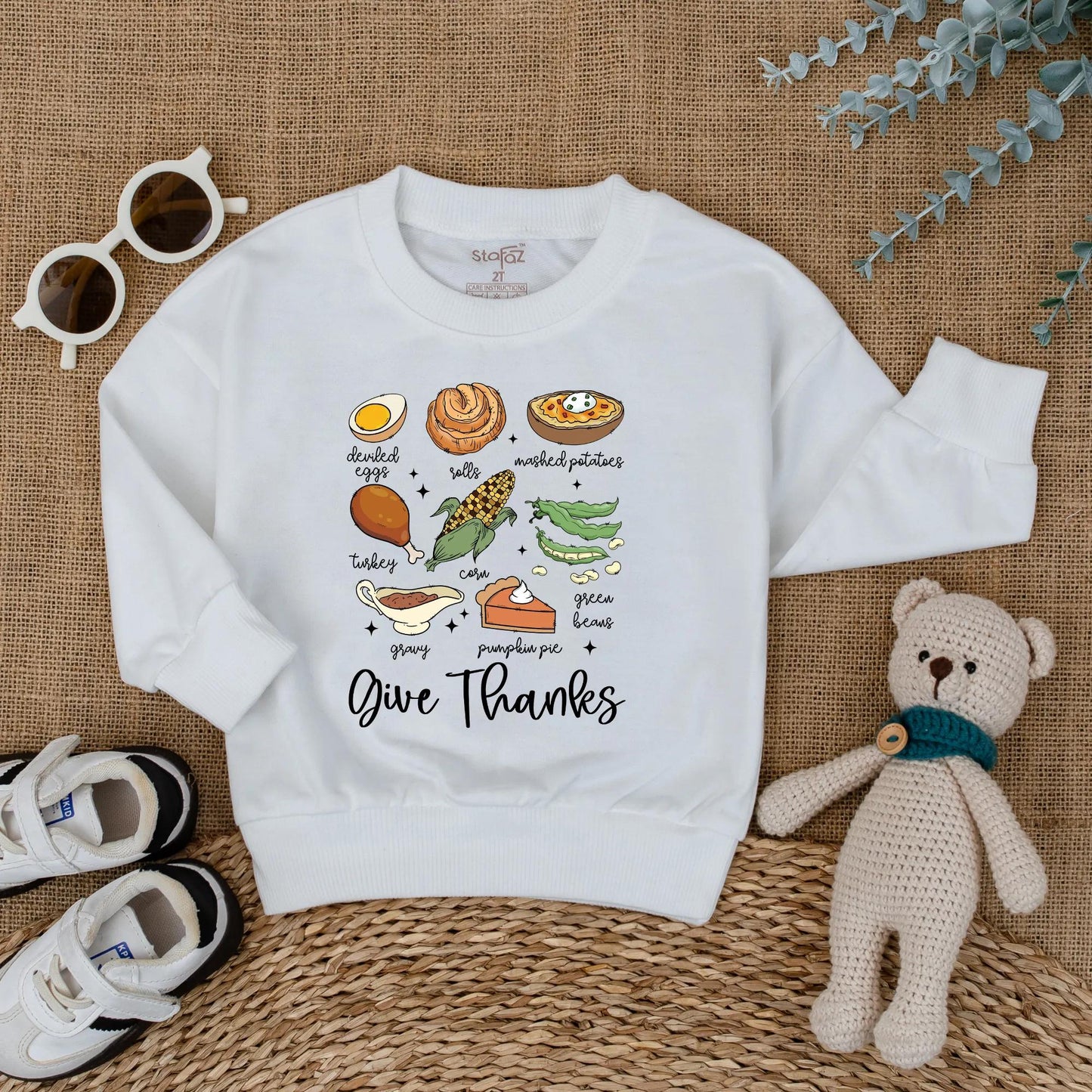 Cute Thanksgiving Baby Romper, Fall Food Bodysuit with Turkey Dinner Illustrations, 'Give Thanks' Newborn Outfit, First Thanksgiving Gift, Fall Baby Shower