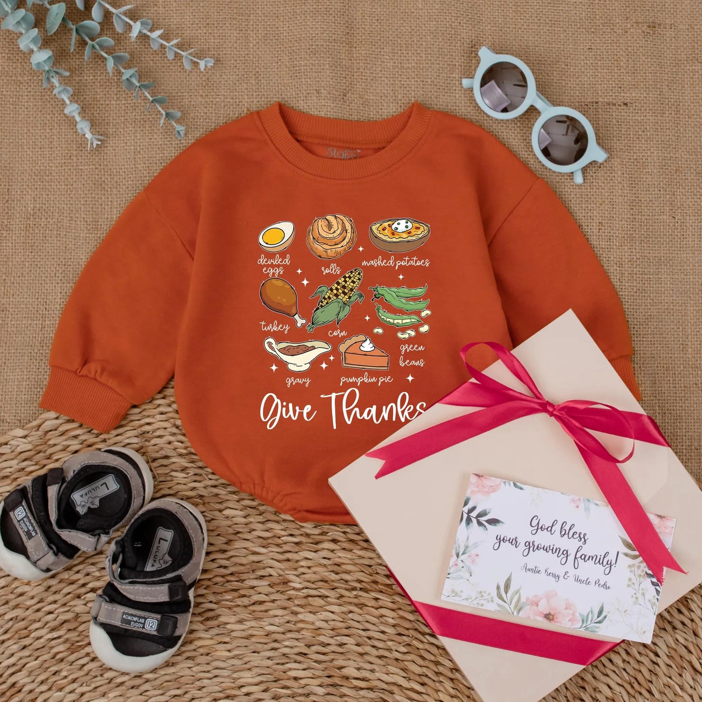 Cute Thanksgiving Baby Romper, Fall Food Bodysuit with Turkey Dinner Illustrations, 'Give Thanks' Newborn Outfit, First Thanksgiving Gift, Fall Baby Shower