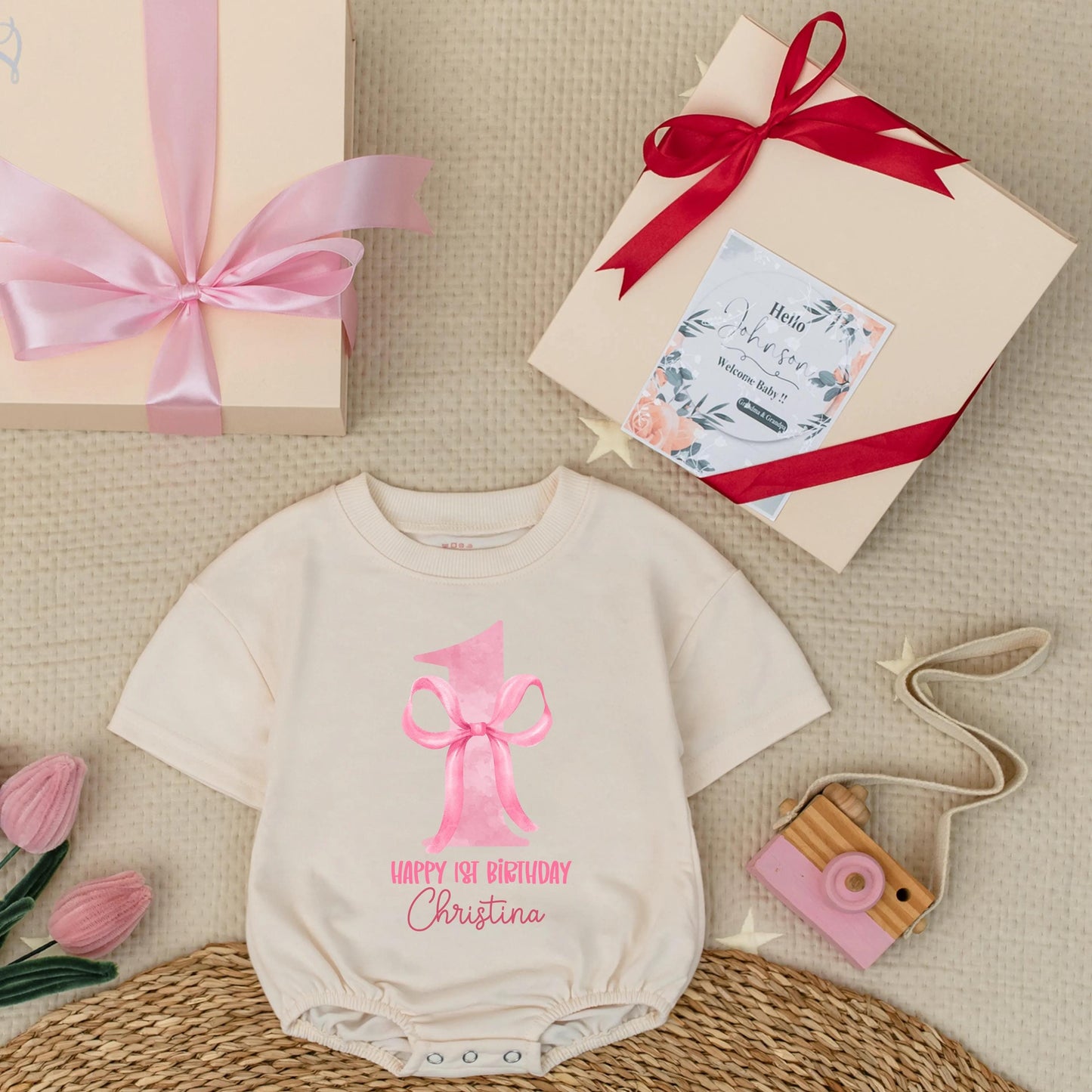 Custom First Birthday Girl Romper with Bow Baby Girl Bubble Outfit Personalized 1st Birthday Gift Short Sleeve Cotton Comfortable Party Outfit