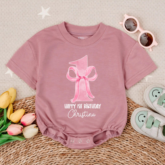 Custom First Birthday Girl Romper with Bow Baby Girl Bubble Outfit Personalized 1st Birthday Gift Short Sleeve Cotton Comfortable Party Outfit