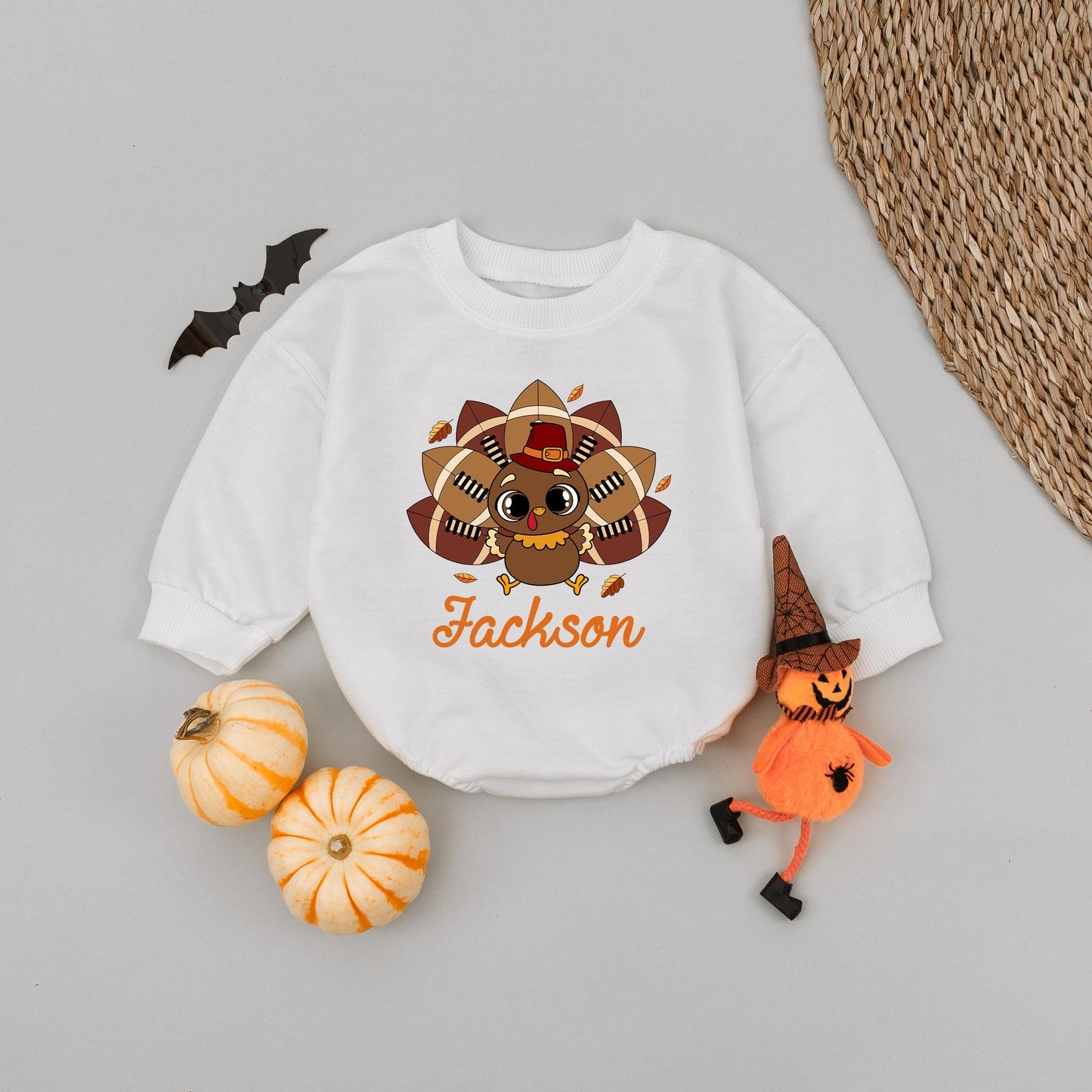 Custom Name Thanksgiving Baby Romper: Turkey Football Design First Thanksgiving Outfit Announcement Baby Boy or Girl Comfortable