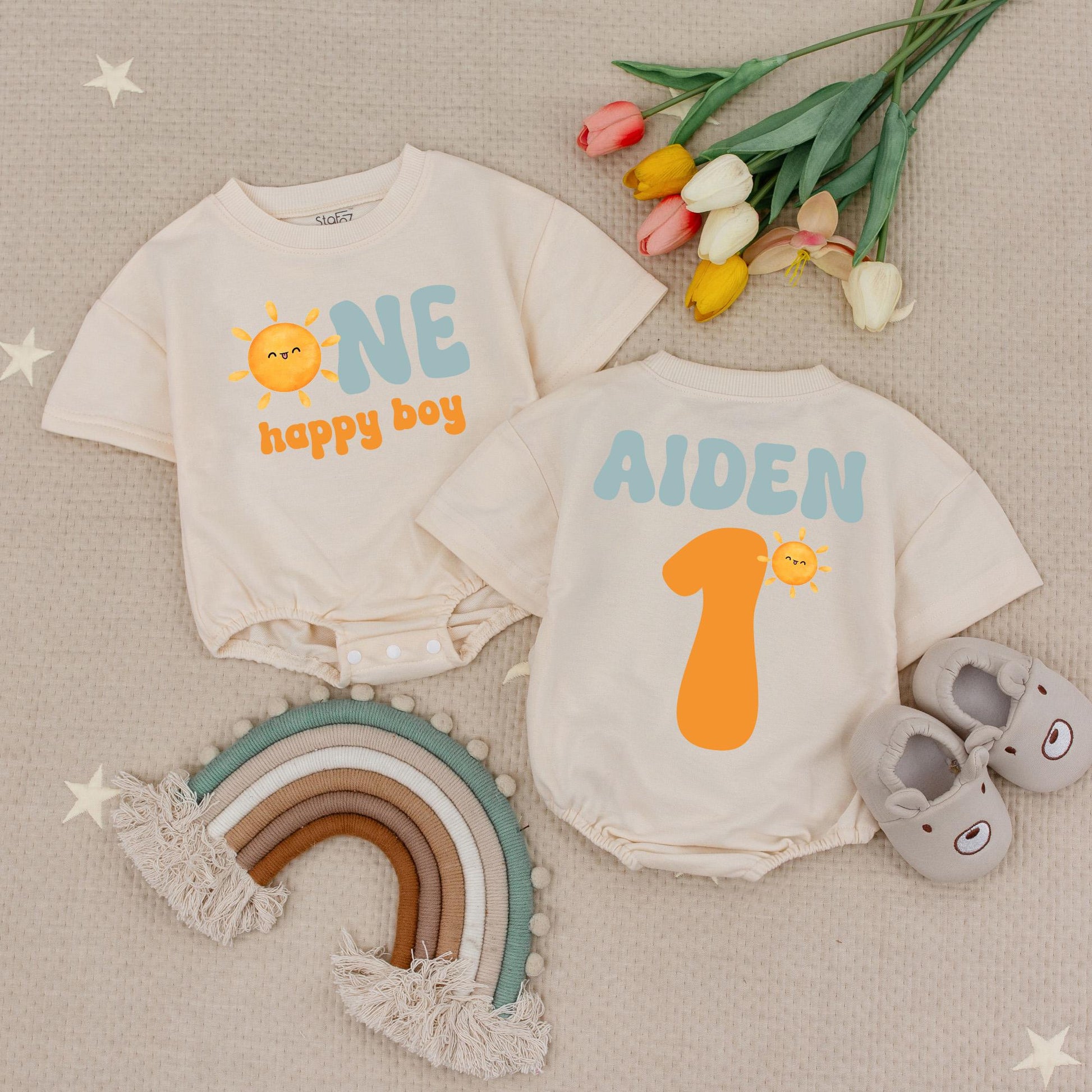 Custom Name Sun First Birthday Baby Romper Happy Boy Retro 1st Birthday Sun Babysuit Theme Outfit Celebration Cotton