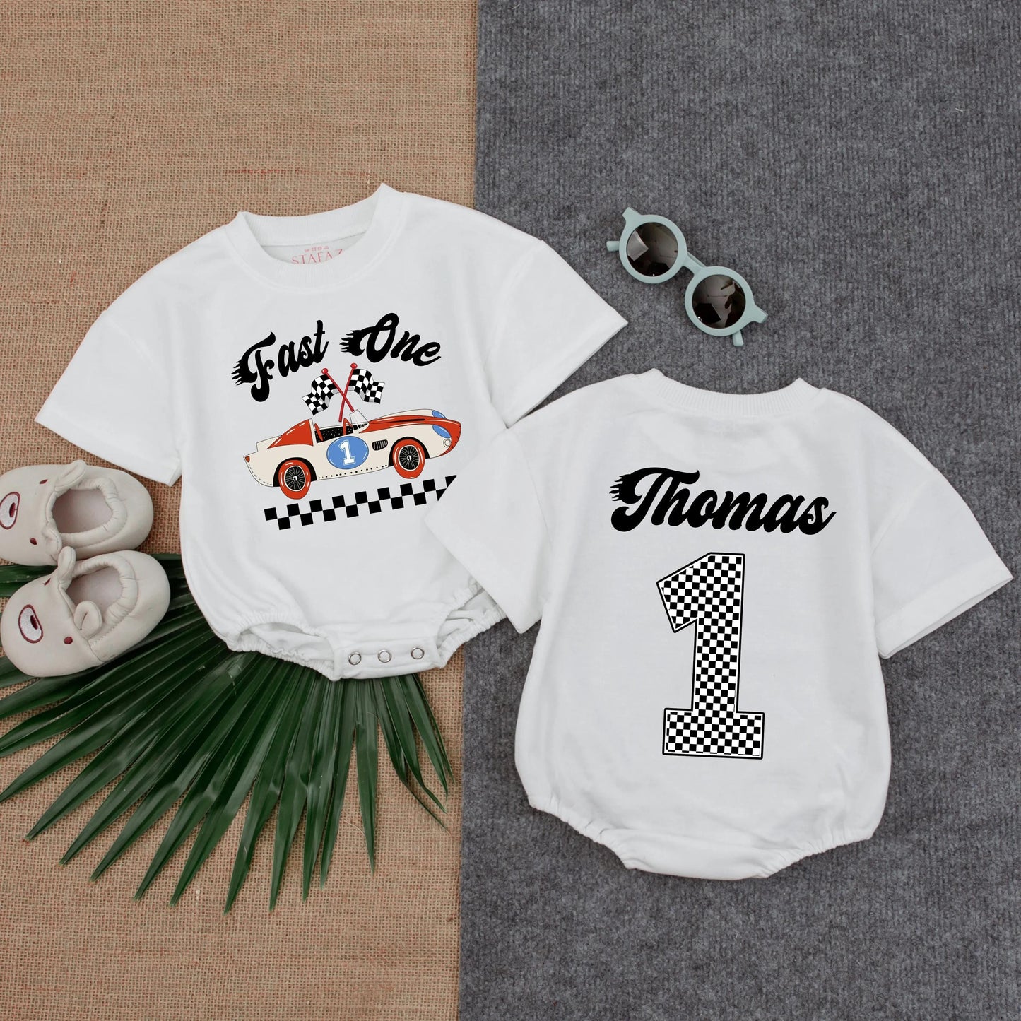 Personalized Fast One Race Car First Birthday Boy T-shirt Bubble Romper Soft Cotton Comfortable Party Outfit for Toddler Infant Celebration Gift