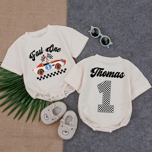 Personalized Fast One Race Car First Birthday Boy T-shirt Bubble Romper Soft Cotton Comfortable Party Outfit for Toddler Infant Celebration Gift