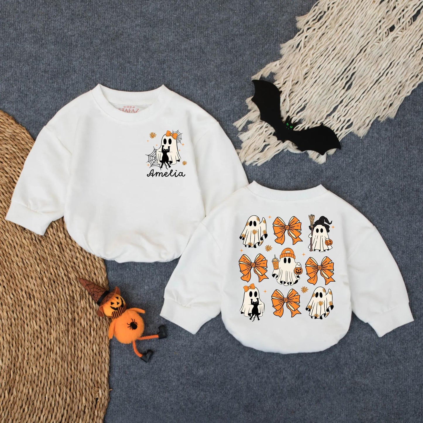 Custom Spooky Ghost Baby Romper for First Halloween! Personalized Oversized Infant Bodysuit, Cute Costume, Spooky Season Gift (137 chars)