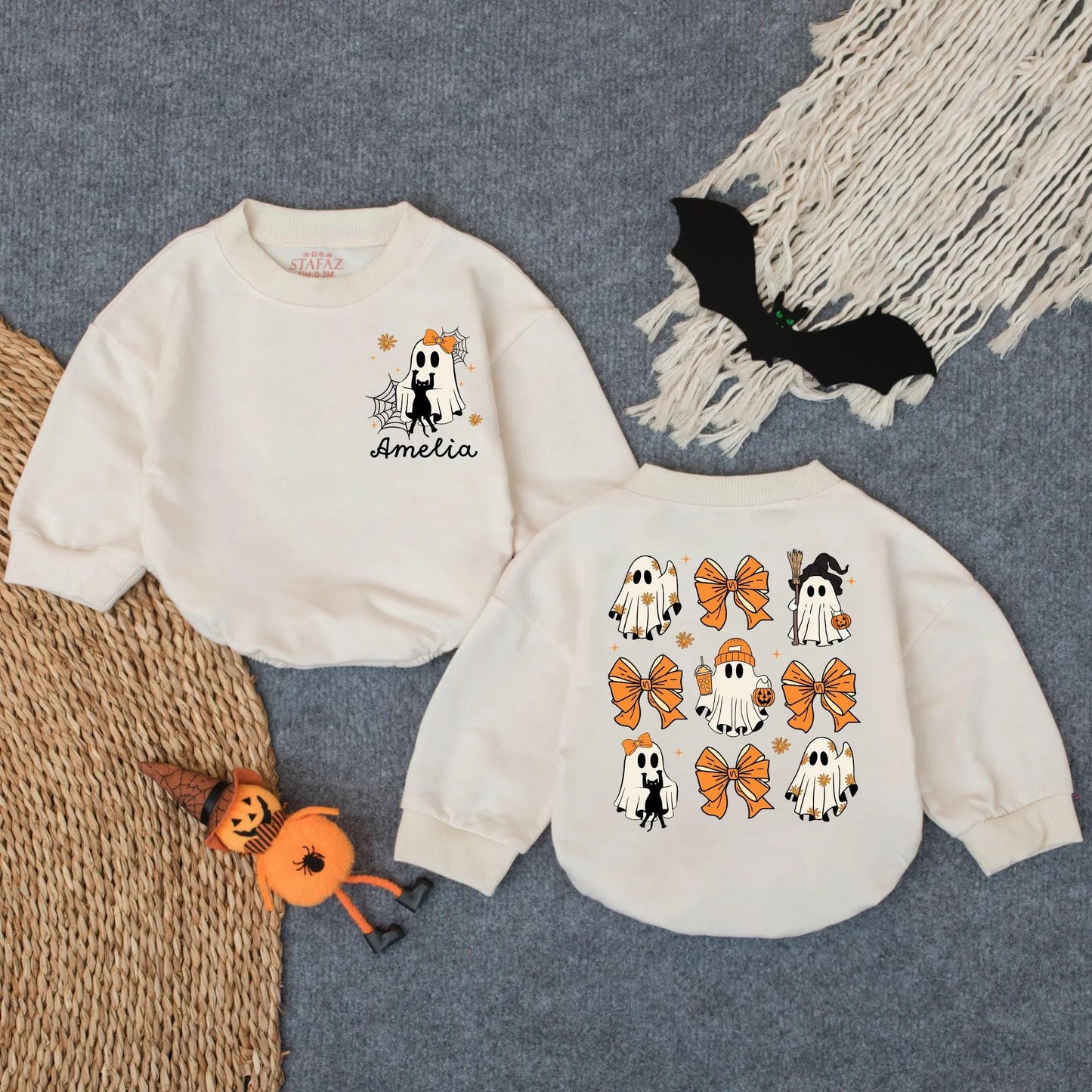 Custom Spooky Ghost Baby Romper for First Halloween! Personalized Oversized Infant Bodysuit, Cute Costume, Spooky Season Gift (137 chars)