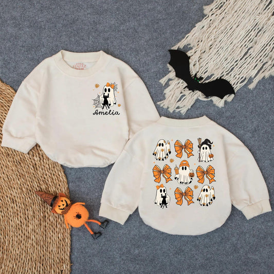 Custom Spooky Ghost Baby Romper for First Halloween! Personalized Oversized Infant Bodysuit, Cute Costume, Spooky Season Gift (137 chars)