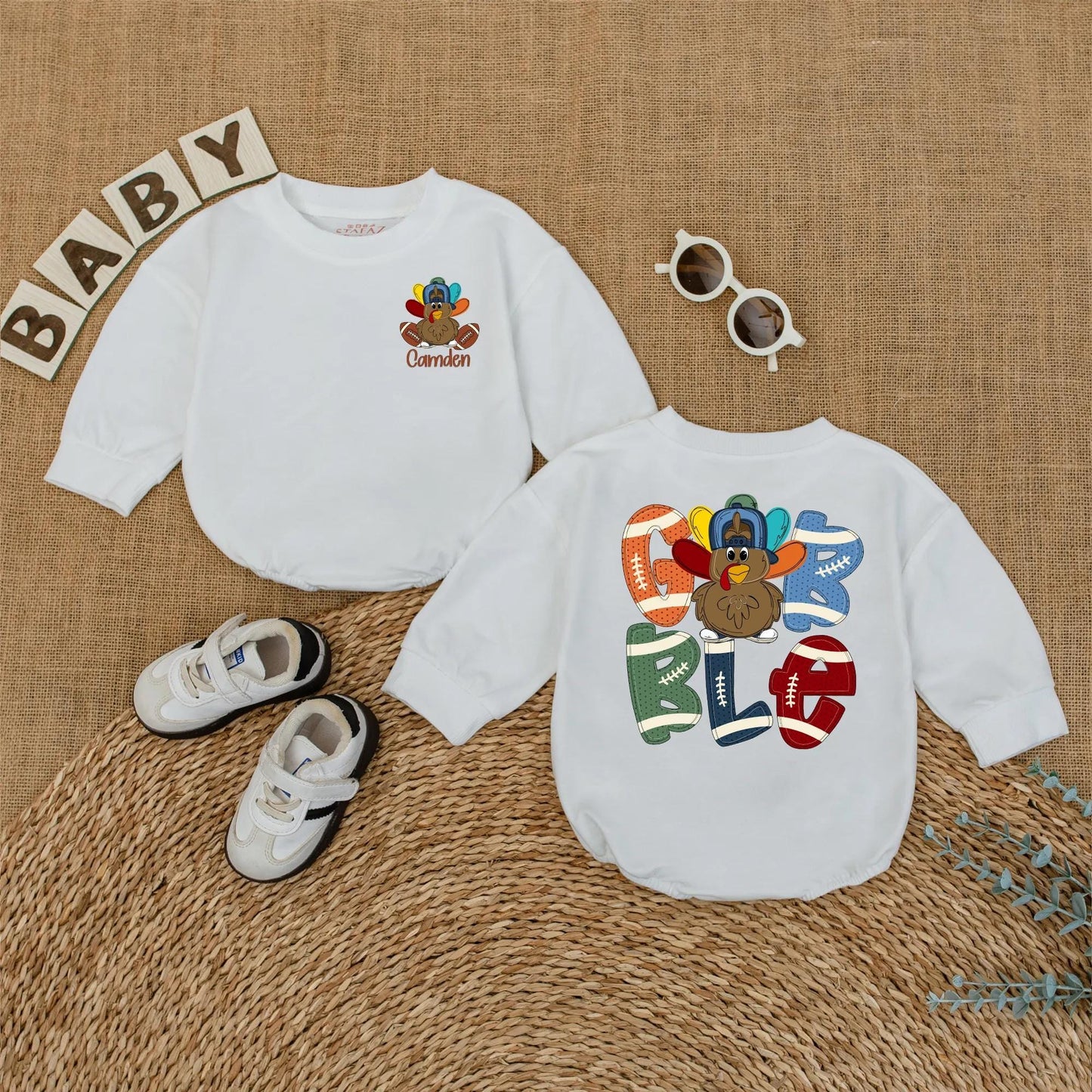 Personalized Boys Thanksgiving Gobble Turkey Football Baby Romper Custom Name Fall Baby Bodysuit Outfit Cute Sports Shower Gift