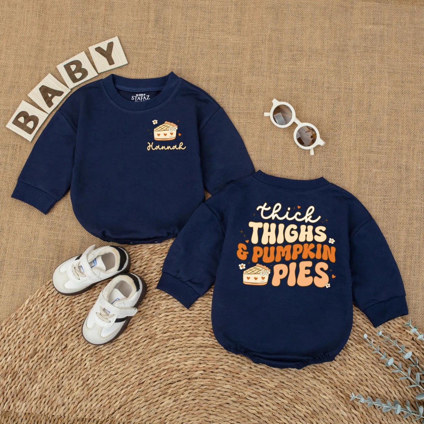 Baby Girl Thick Thighs & Pumpkin Pies Romper Custom Fall Bodysuit Thanksgiving Outfit Gift First Thanksgiving Bubble Romper