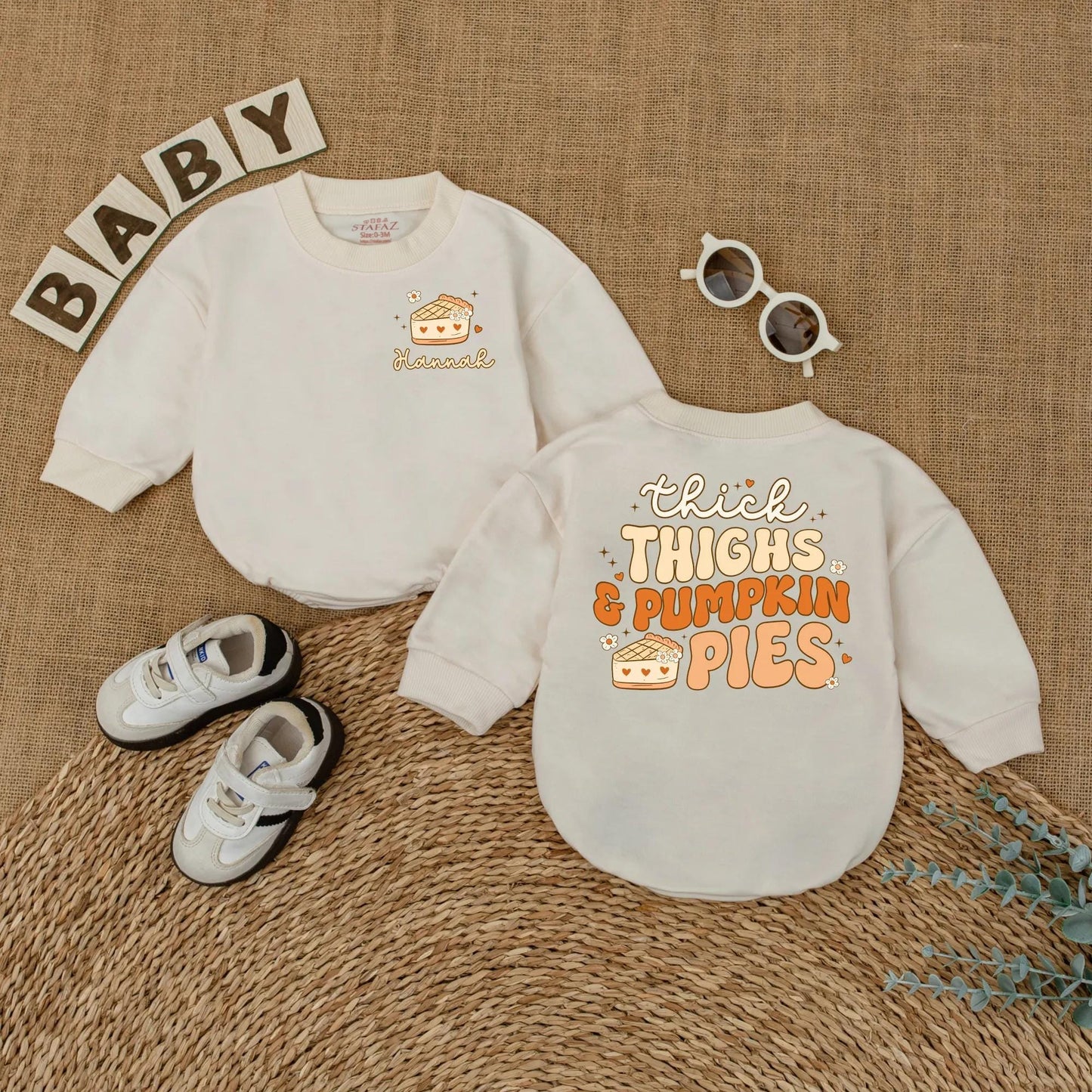 Baby Girl Thick Thighs & Pumpkin Pies Romper Custom Fall Bodysuit Thanksgiving Outfit Gift First Thanksgiving Bubble Romper