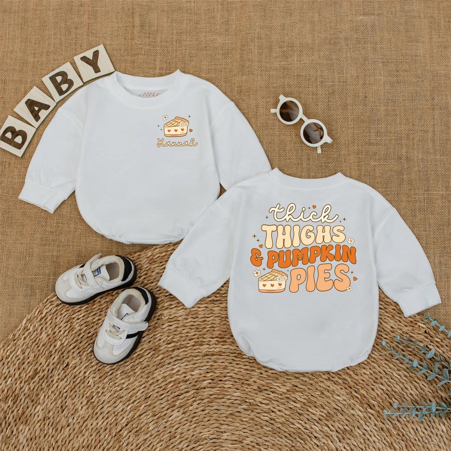 Baby Girl Thick Thighs & Pumpkin Pies Romper Custom Fall Bodysuit Thanksgiving Outfit Gift First Thanksgiving Bubble Romper