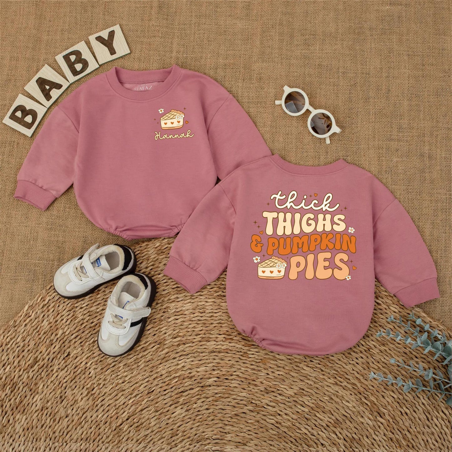 Baby Girl Thick Thighs & Pumpkin Pies Romper Custom Fall Bodysuit Thanksgiving Outfit Gift First Thanksgiving Bubble Romper