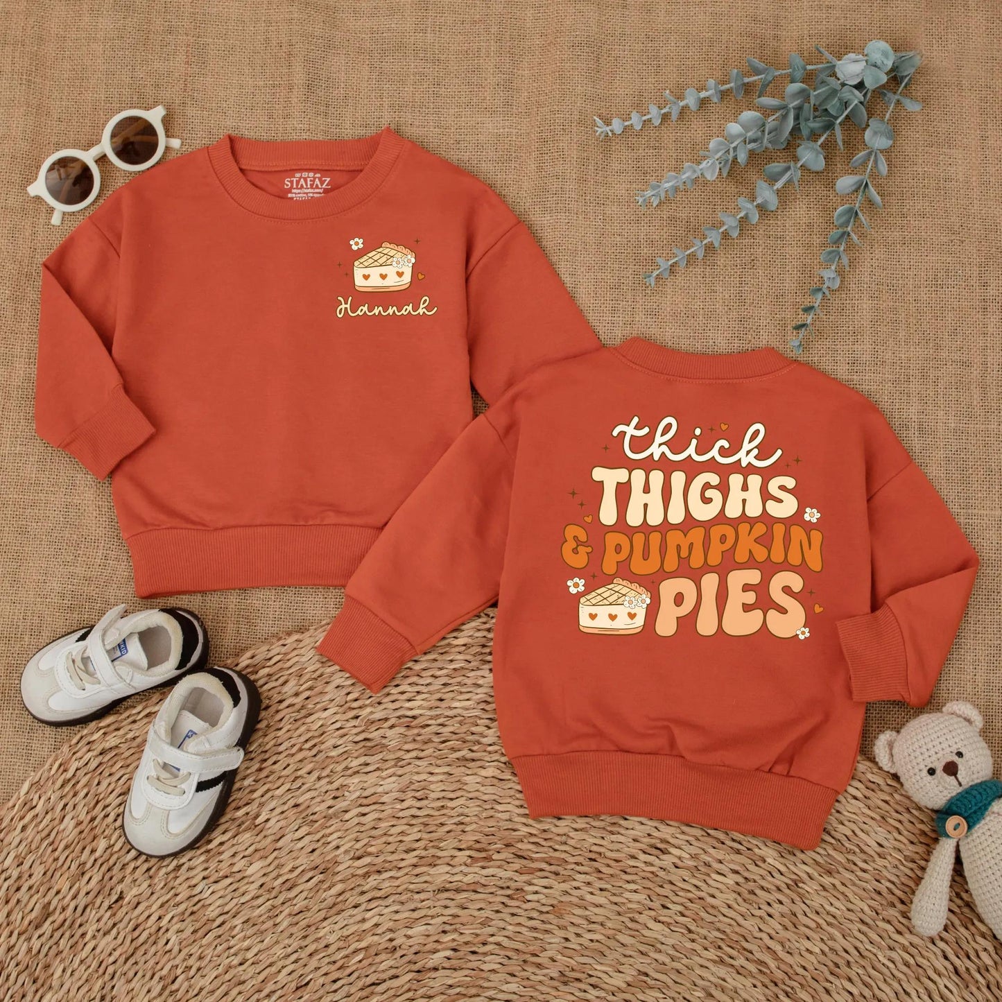 Baby Girl Thick Thighs & Pumpkin Pies Romper Custom Fall Bodysuit Thanksgiving Outfit Gift First Thanksgiving Bubble Romper