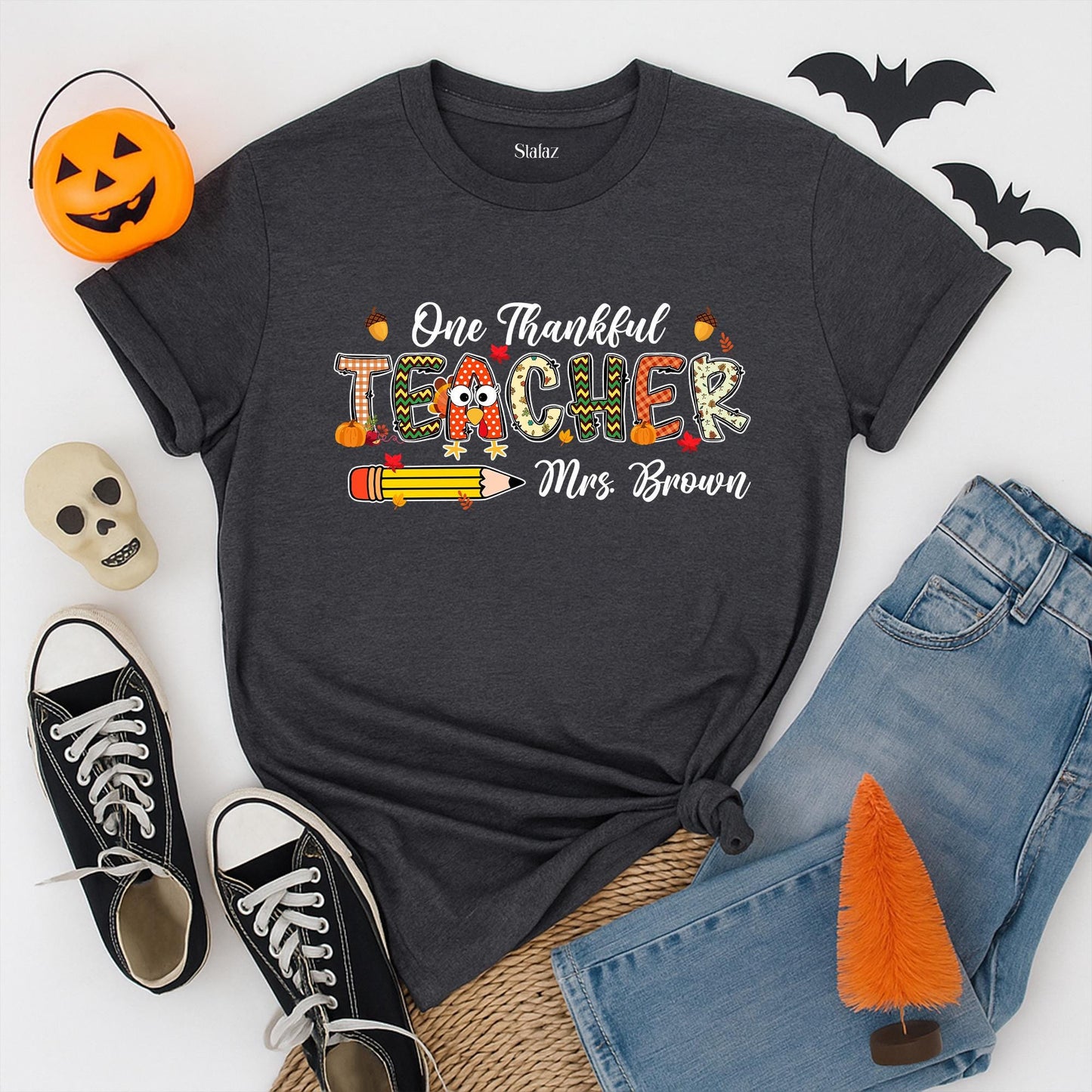 One Thankful Teacher Shirt Personalized Fall Thanksgiving Custom Name Autumn Tee Gift For Teacher