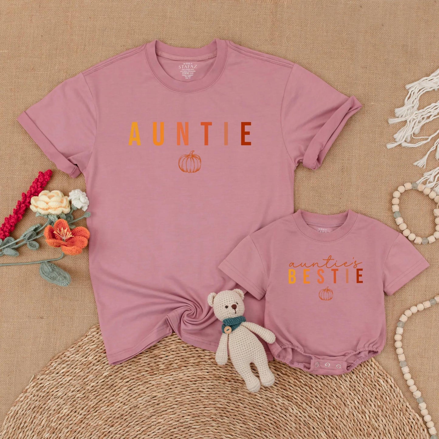 Auntie & Auntie's Bestie Matching Pumpkin Shirts Gradient Autumn Family Thanksgiving Outfits Baby Romper