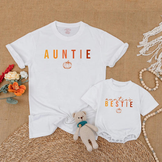 Auntie & Auntie's Bestie Matching Pumpkin Shirts Gradient Autumn Family Thanksgiving Outfits Baby Romper
