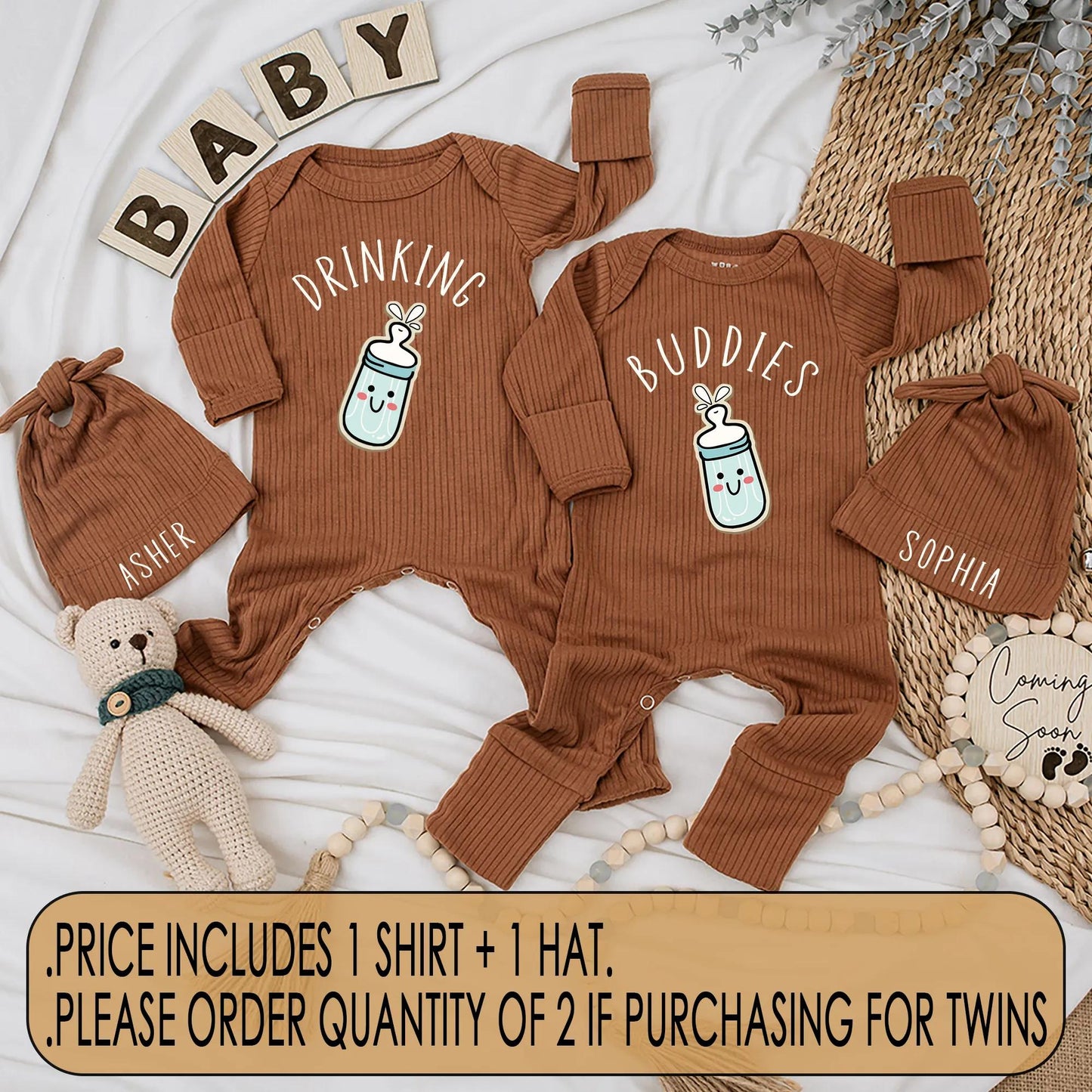 Drinking Buddies Twins Bodysuits Funny Milk Bottle Matching Outfits Personalized Baby Gift Newborn Shower Cute Clothes Cotton Comfortable Baby Shower Gift
