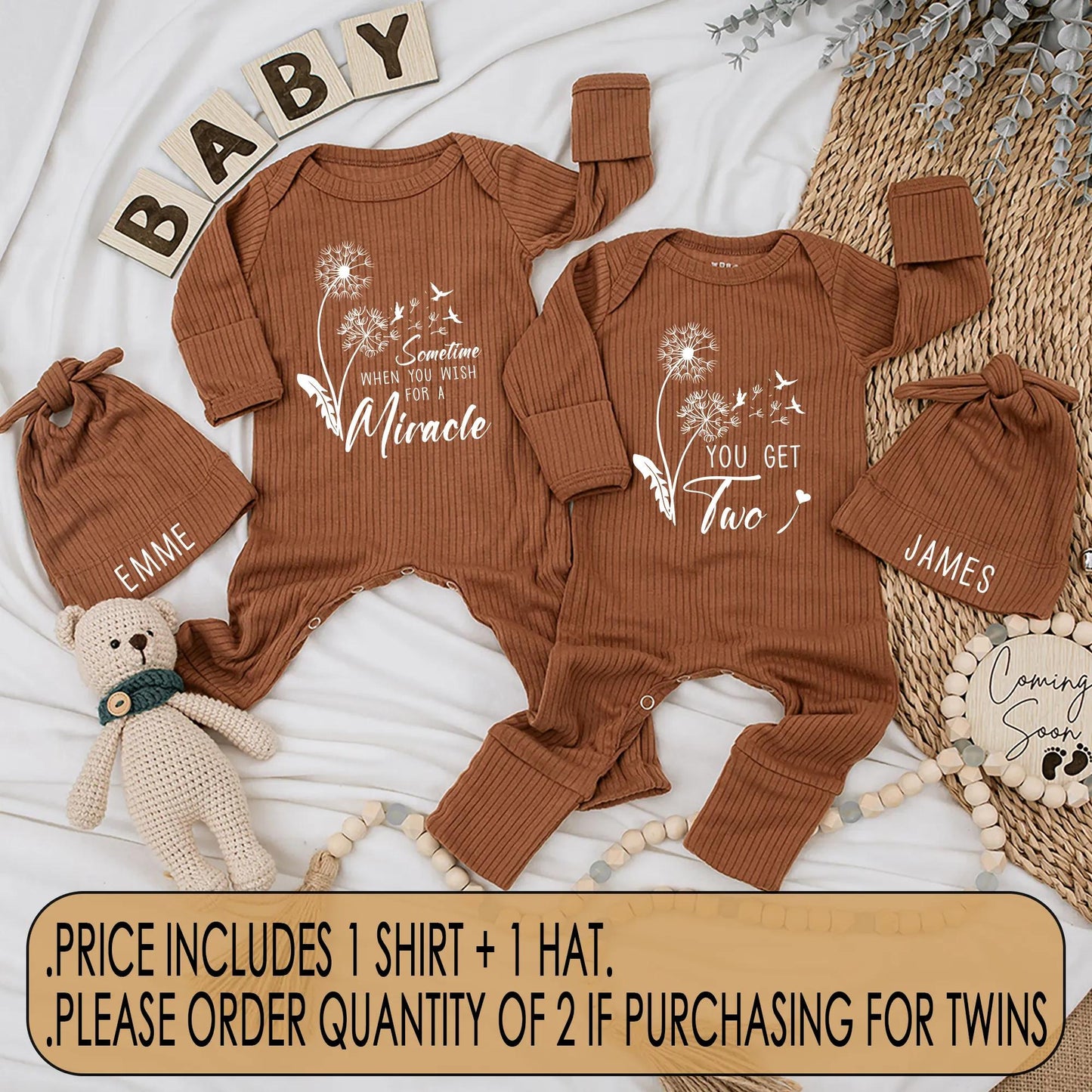Sometime When You Wish for a Miracle You Get Two Personalized Twin Baby Bodysuit Dandelion Floral Newborn Coming Home Outfit Custom Name Baby Shower Gift