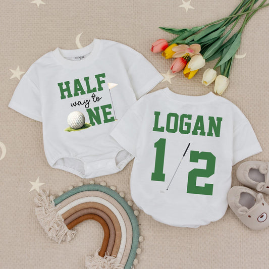 Custom Name Half Way To One Golf Romper 6 Month Baby Outfit Half Birthday Party Custom 1/2 Birthday Outfit Golf First Birthday