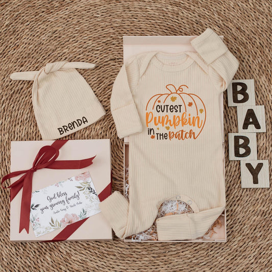 Cutest Pumpkin in the Patch Baby Bodysuit Custom Name Fall Romper Newborn Thanksgiving Outfit