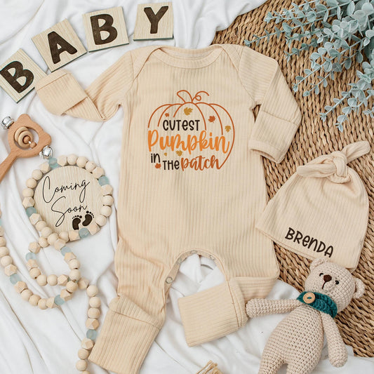 Cutest Pumpkin in the Patch Baby Bodysuit Custom Name Fall Romper Newborn Thanksgiving Outfit