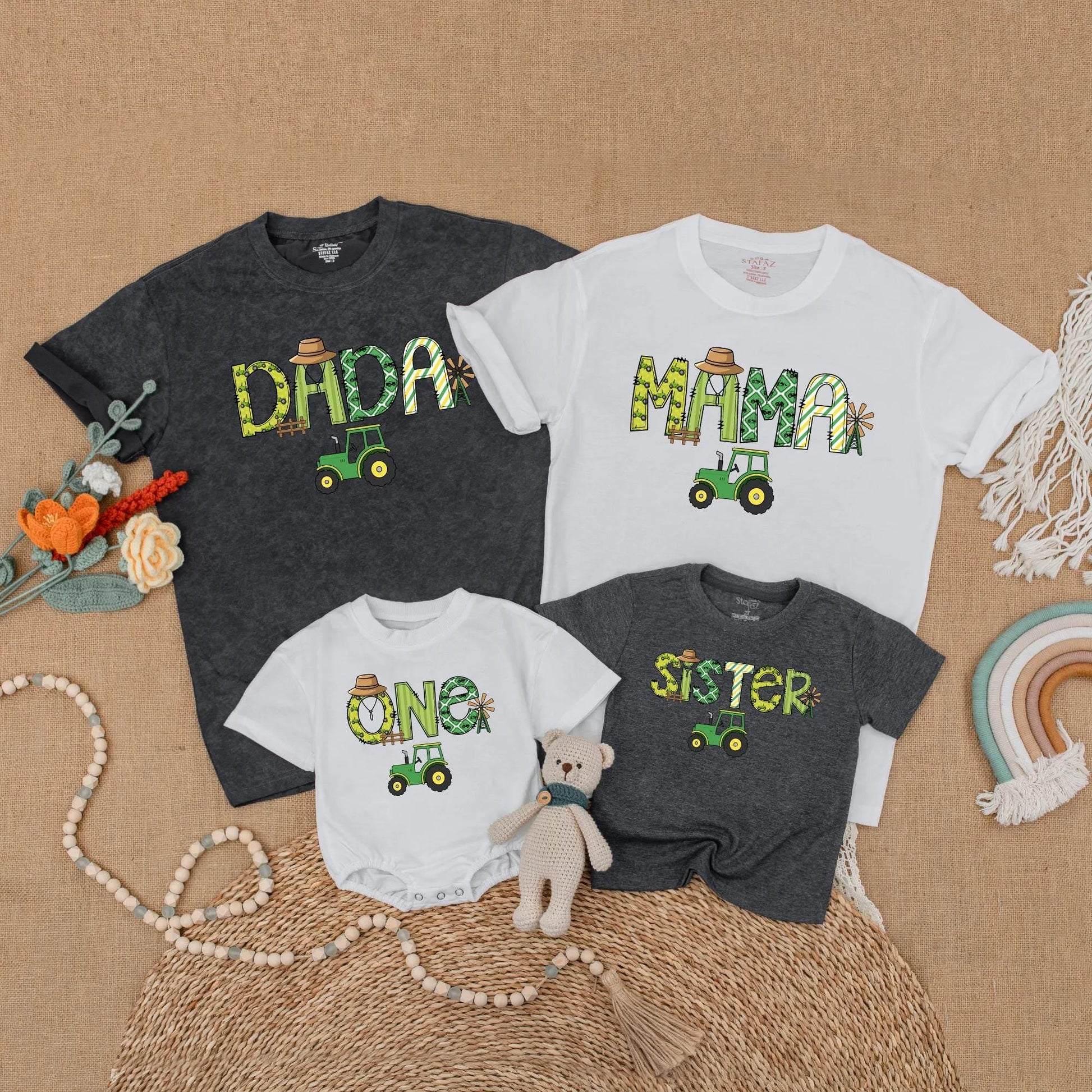 Green Tractor Family Matching Birthday Shirt Baby Boy 1st Birthday Outfit Mama Dada Mommy and Me Farm Theme Party