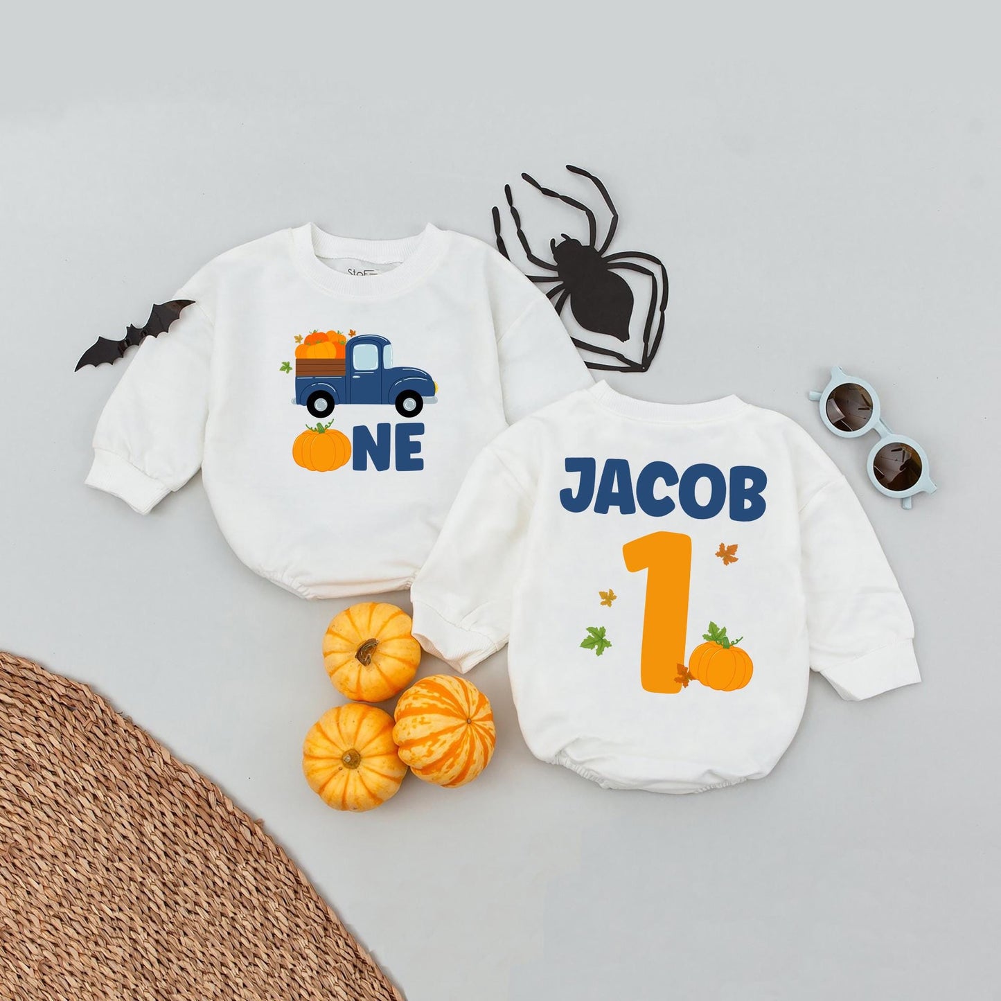 Personalized Pumpkin Truck 1st Birthday Romper, Custom Name One Year Old Outfit, Fall Bday Boy Clothes, Navy Orange First Birthday, Festive Autumn