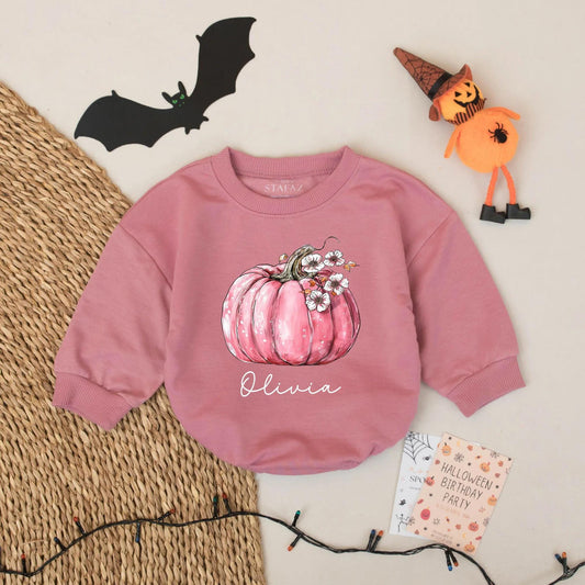 Personalized Fall Pumpkin Bubble Romper for Baby Girl - Custom Name Halloween Outfit, Spooky Season Newborn Gift