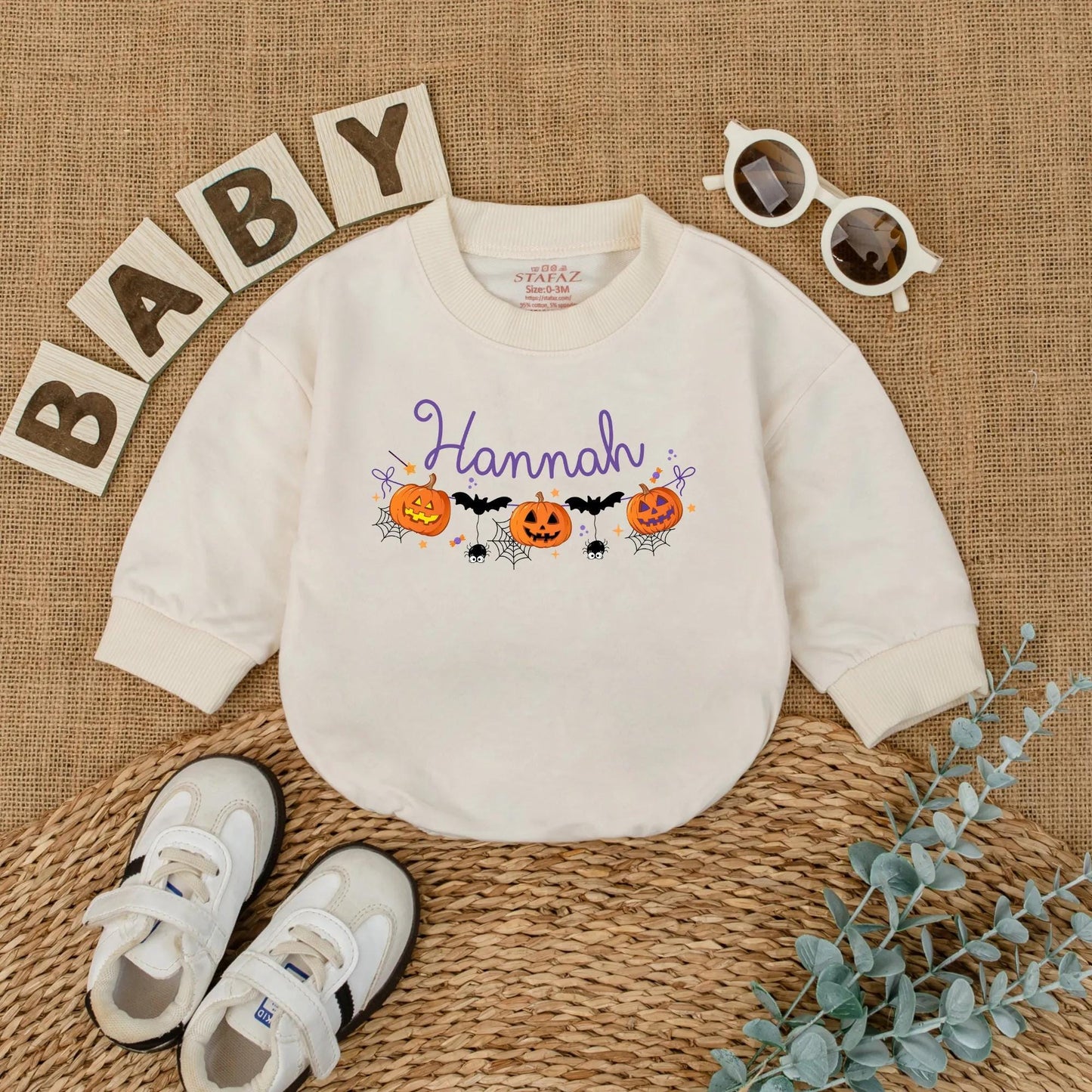First Halloween Baby Girl Romper Personalized Pumpkin Name Outfit Cute Spooky Season Fall Baby Clothes for Girls Custom Newborn Outfit