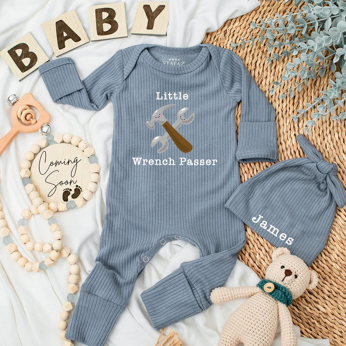 Daddy's Little Helper Baby Bodysuit: Custom Mechanic Outfit, Personalized with Wrench, Car Lover Newborn Clothes, Funny Garage Theme Baby Shower Gift (139 chars)