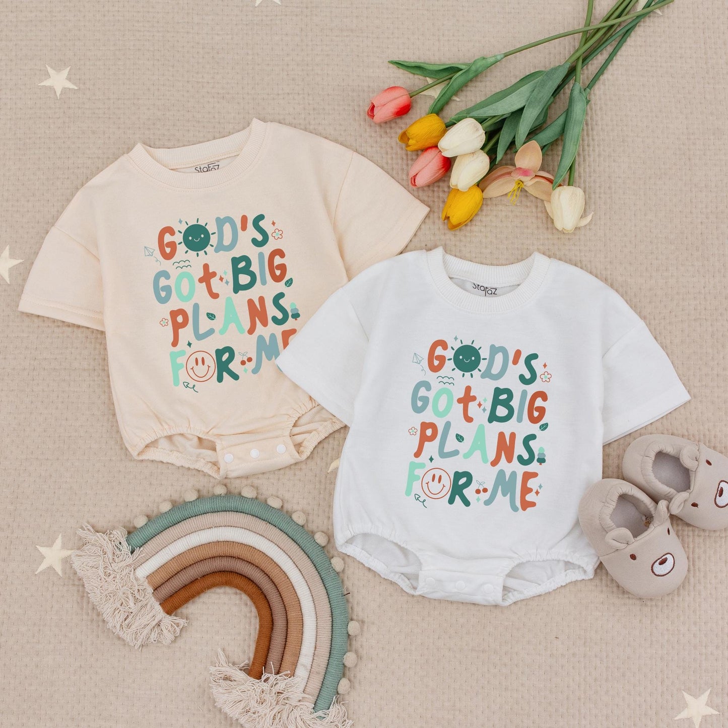 God's Got Big Plans For Me Christian Baby Romper Boy Birthday Gift Grandson Religious Retro Whimsical Sun & Flower Design Cotton Comfy
