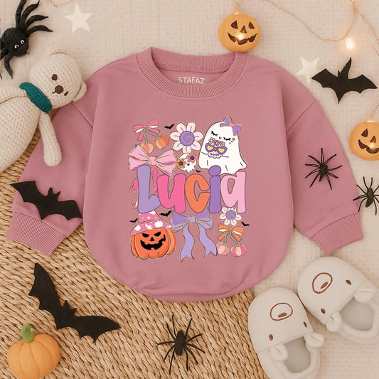 Custom Boho Ghost Baby Romper Floral Halloween Sweatshirt Bubble Spooky Girl Pumpkin Outfit Infant Fall Boo Costume Gift