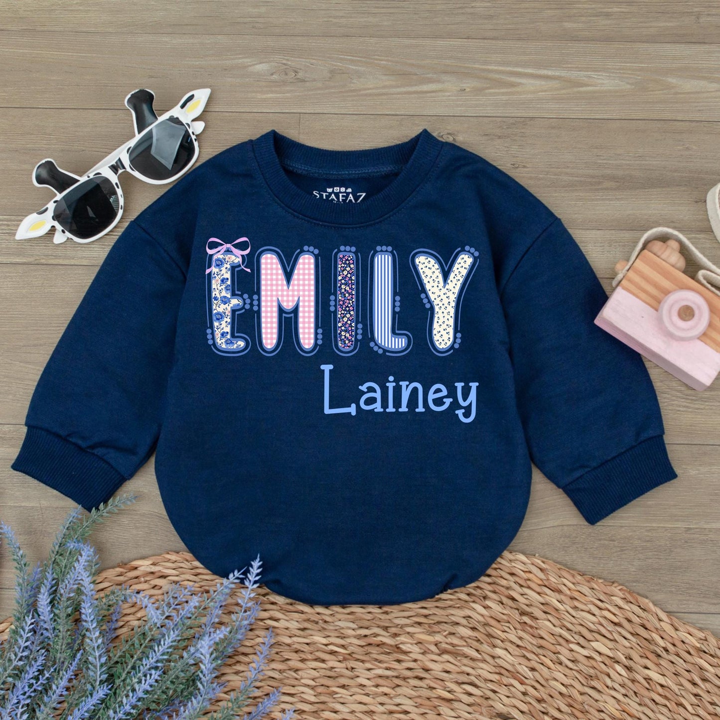 Cute Floral & Stripe Baby Bubble Romper Personalized First & Middle Name Baby Outfit Soft Cotton Birthday Shower Gift