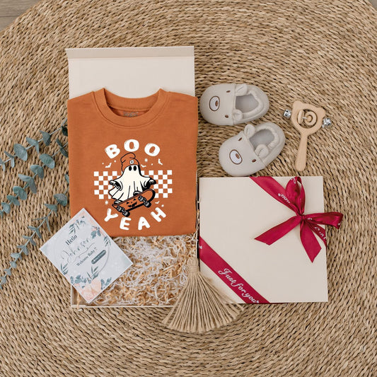 Boo Yeah Baby Romper, Retro Ghost Skateboard Halloween Outfit for Baby Girl or Boy, Spooky Season Costume, Funny Gift, Fall Bodysuit