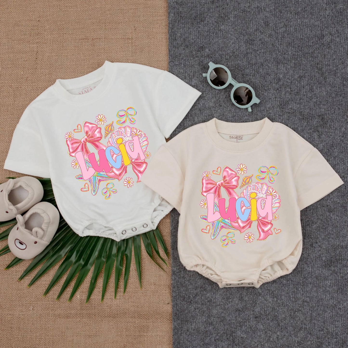 Mosaic Crab Bubble Romper Custom Name Baby Girl Coastal Outfit Toddler Beach Theme Summer Bodysuit Beach Baby Gift