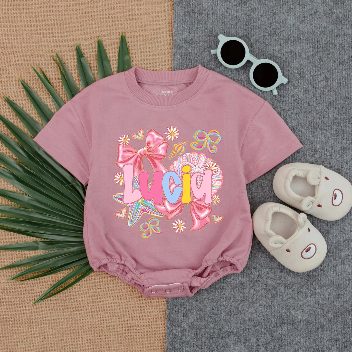 Mosaic Crab Bubble Romper Custom Name Baby Girl Coastal Outfit Toddler Beach Theme Summer Bodysuit Beach Baby Gift