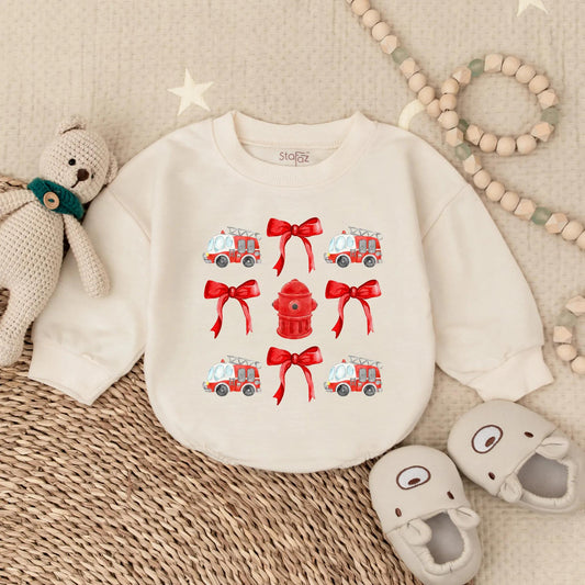 Cute Firetruck Baby Romper Sweatshirt Outfit, Trendy Firefighter Bodysuit for Newborn Baby Boys Girls with Hydrant Bow Coquette Fall Babywear Gift