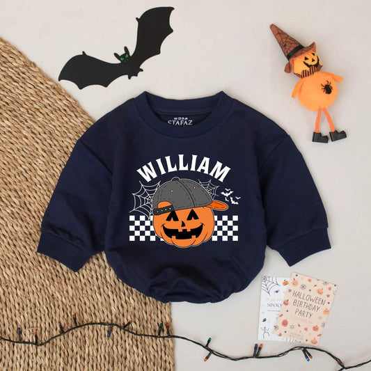 My First Boo Romper - Cool Pumpkin Halloween Baby Outfit - Personalized Name Fall Romper Gift for Baby Boy or Girl- Spooky Cute Bodysuit 139chars