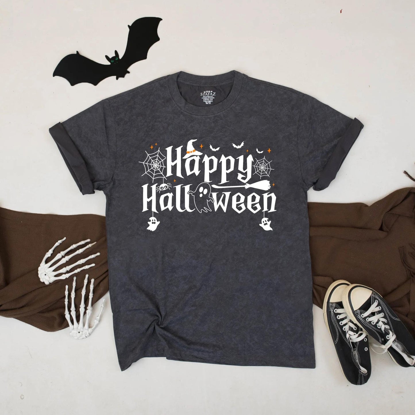 Happy Halloween Shirt Witch Hat Ghost Broomstick Cute Spooky Fall Graphic Tee
