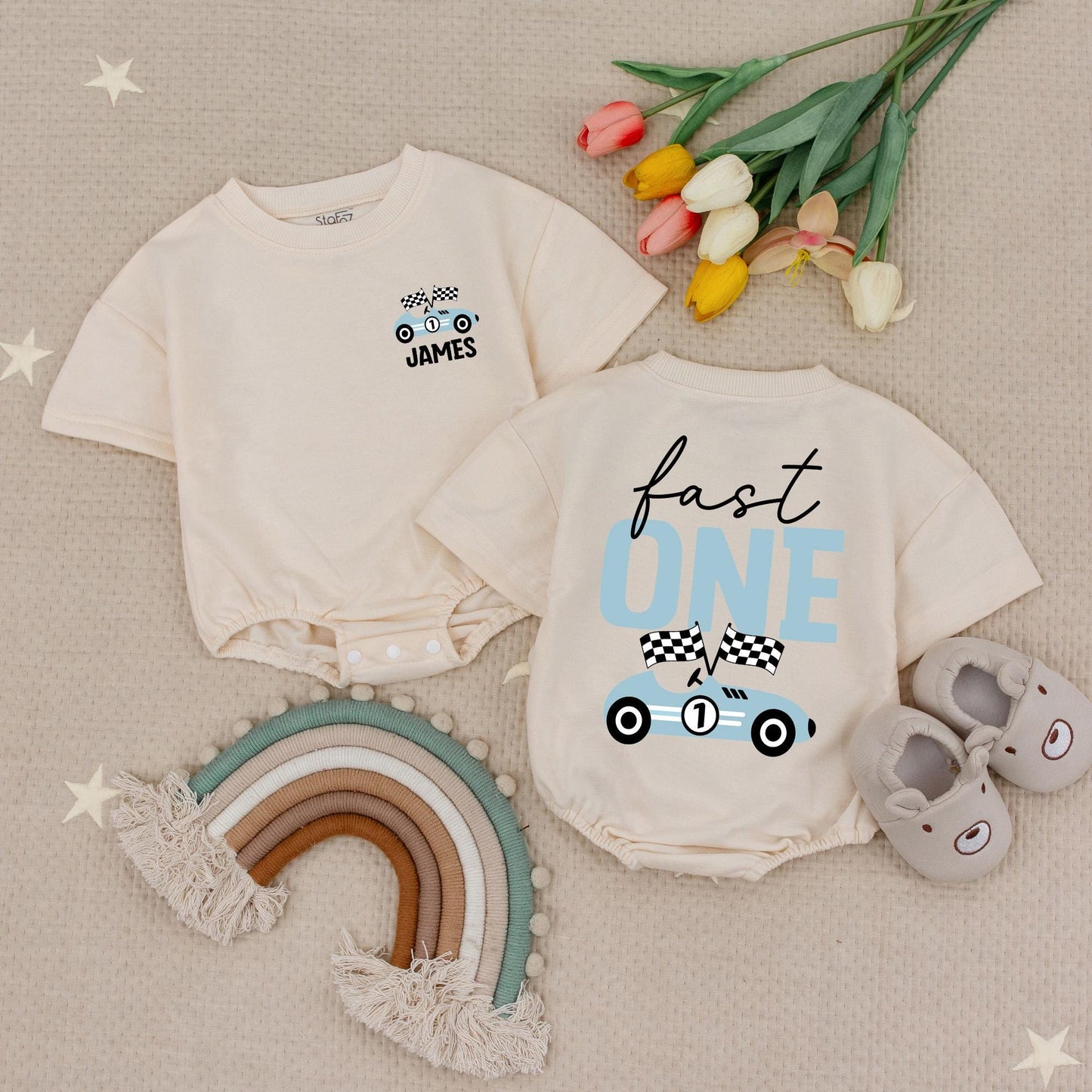 Custom Name Fast One Romper, Race Car 1st Birthday Outfit, Racing Bodysuit, Boy First Birthday Shirt, Family Matching, Race Theme Baby Clothes 139 Chars