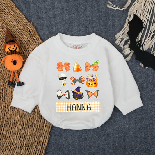 Spooky Baby's 1st Halloween Bubble Romper Outfit, Custom Name Boo Ghost Design, Infant Toddler Clothes Gift