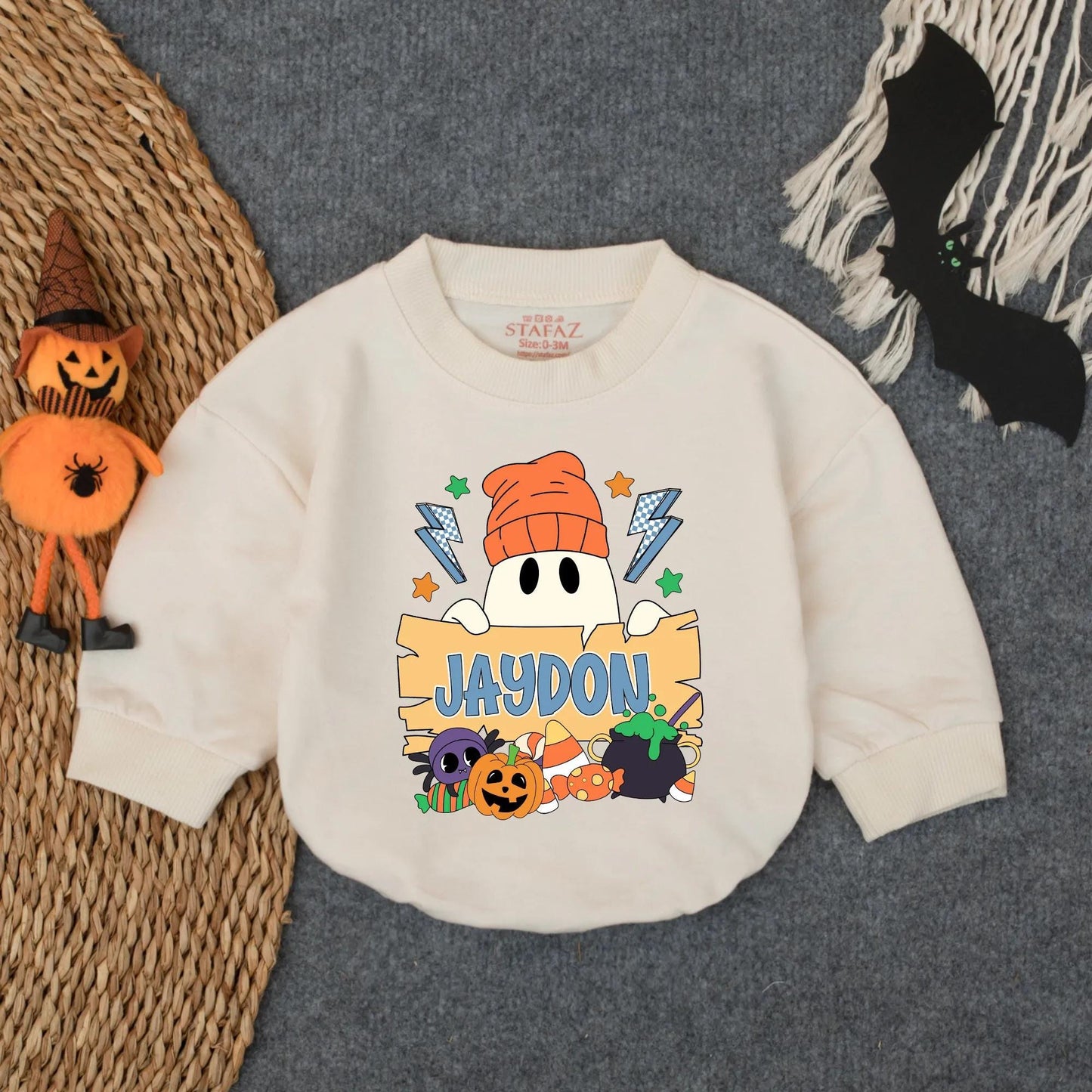 Custom Halloween Baby Boy Bubble Romper Spooky Ghost Pumpkin Fall Outfit Toddler Boo Costume Sweatshirt Personalized