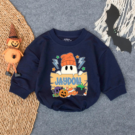 Custom Halloween Baby Boy Bubble Romper Spooky Ghost Pumpkin Fall Outfit Toddler Boo Costume Sweatshirt Personalized