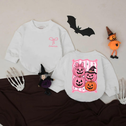 Custom Retro Halloween Baby Romper Pink Pumpkin Outfit Personalized Name Bodysuit Cute Fall Baby Gift Spooky Season First Halloween