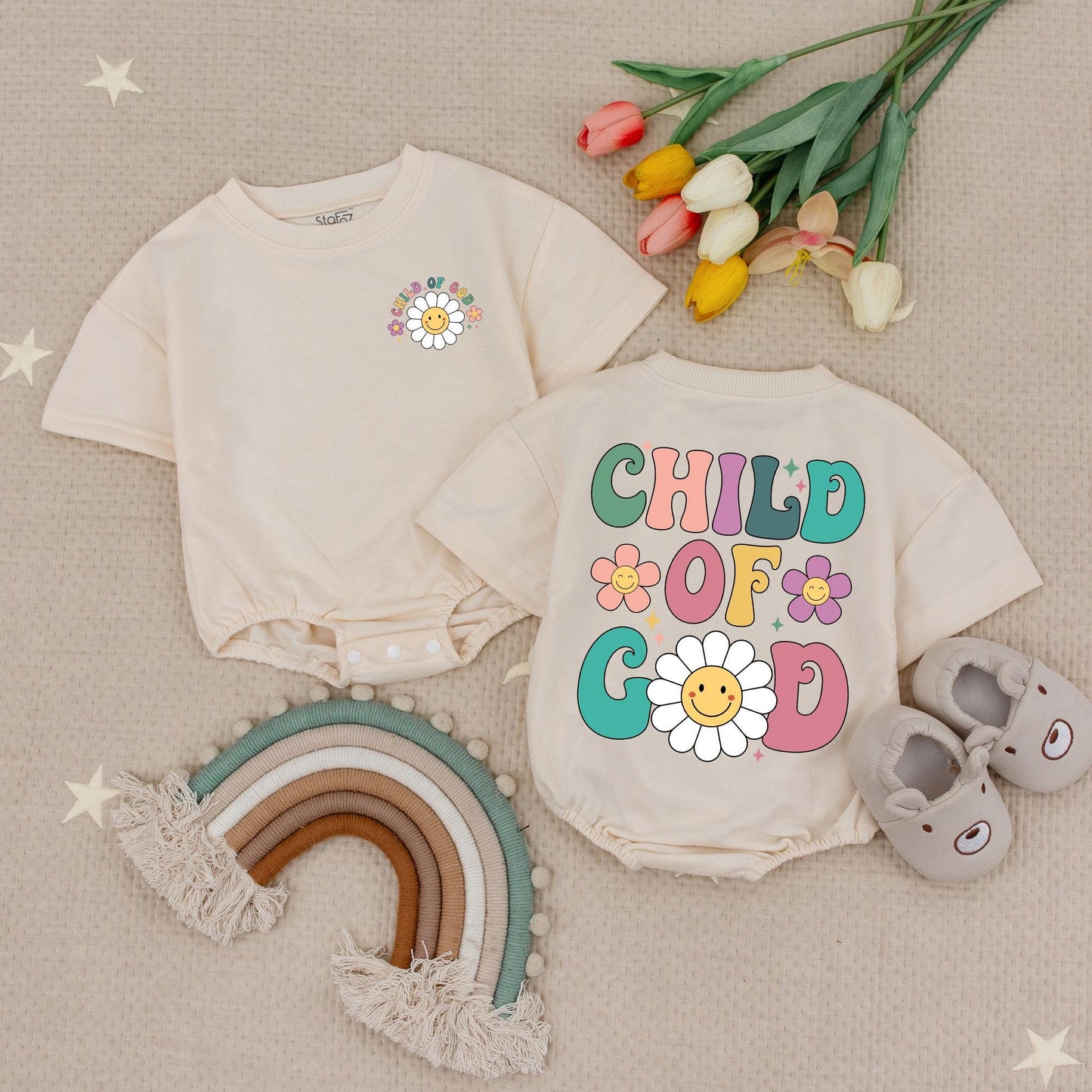 Child Of God Christian Baby Romper with Retro Pastel Floral Smiley Face Design, a Faith Biblical Religious Infant Creeper or Chosen Newborn Babysuit Gift.