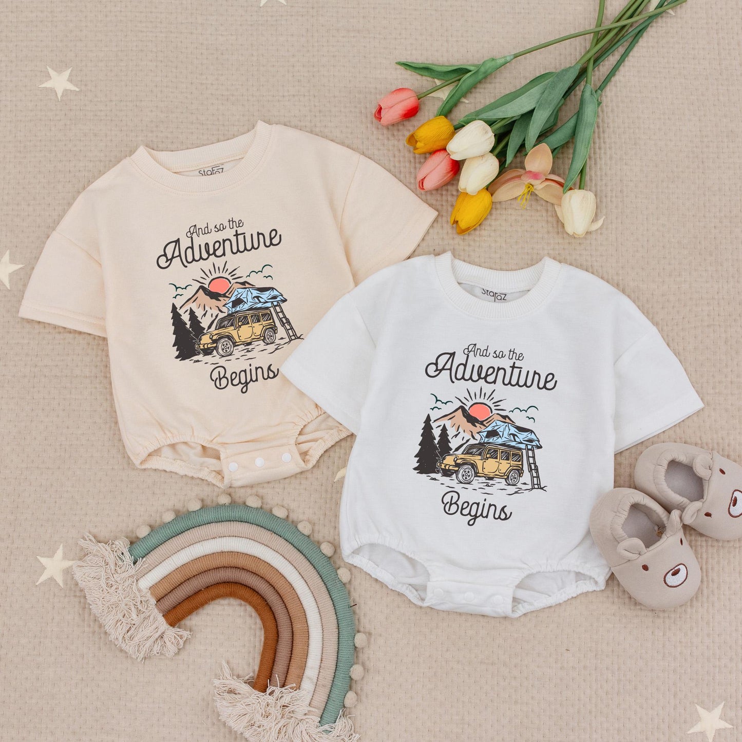 Adventure Begins Baby Romper Retro Camping Bodysuit Cute Off-Road Vehicle Design Vintage Style Babysuit Baby Shower Gift Announcement Natural Gift 138