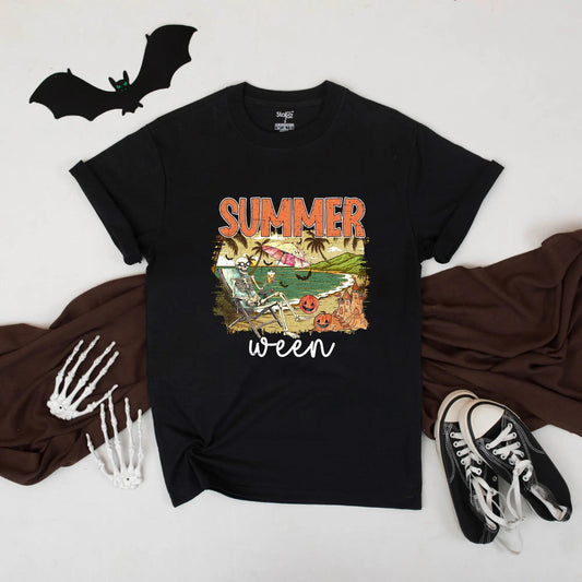 Summerween Pumpkin Sunset Shirt Funny Spooky Vacation Beach Tee Unisex Fall Top Vibes